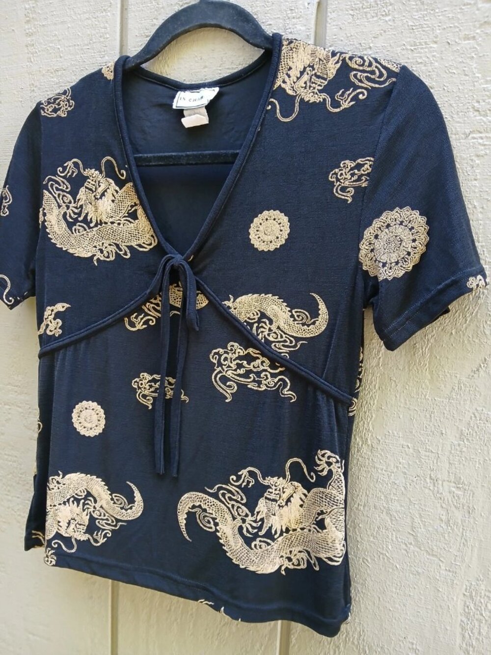 Vtg 90s In Charge Dragon Crop Top Slinky Babydoll Stretchy Asian Inspired S/M